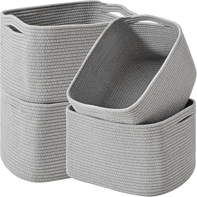 ICERZCZ Storage Baskets for Organizing & Shelves, Woven Cotton Rope Organization Bins for Dog Toys, Clothes, Books, Nursery Organizer, 15"Lx11"Wx9.5"H, (4 Packs) Grey by ICERZCZ