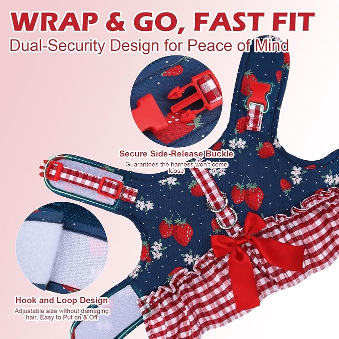 EXPAWLORER Dog Harness Small Medium Sized Dogs, No Choke No Pull Mesh Vest | Strawberry Dog Dress Bowknot Harness & Leash Set Soft Cute Princess Puppy Outfits Clothes Costume for Girls Party Cats Navy S - Image 6