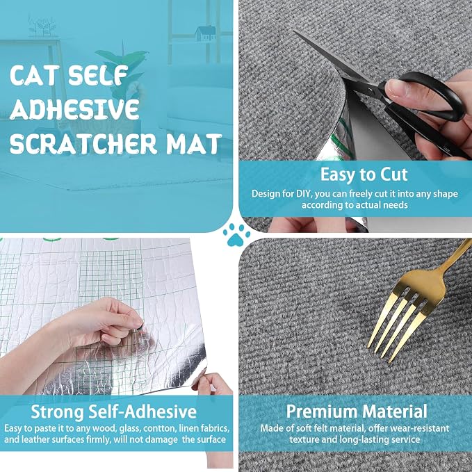 LSGCQ Cat Scratch Mat Self Adhesive Cat Scratch Furniture Protector | Self Adhesive Cat Scratching Mat Replacement for Cat Tree Post Couch Wall Furniture Protector (78.7" x 15.8", Light Gray) - Image 3