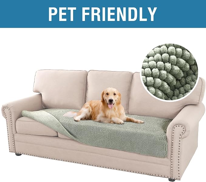 H.VERSAILTEX Plush Chenille Dog Bed Cover Thick Soft Sofa Cover for 3 Cushion Couch Anti Slip Couch Cover Furniture Protector for Dog, Pet, Cat (35" x 82", Sea Foam) - Image 2