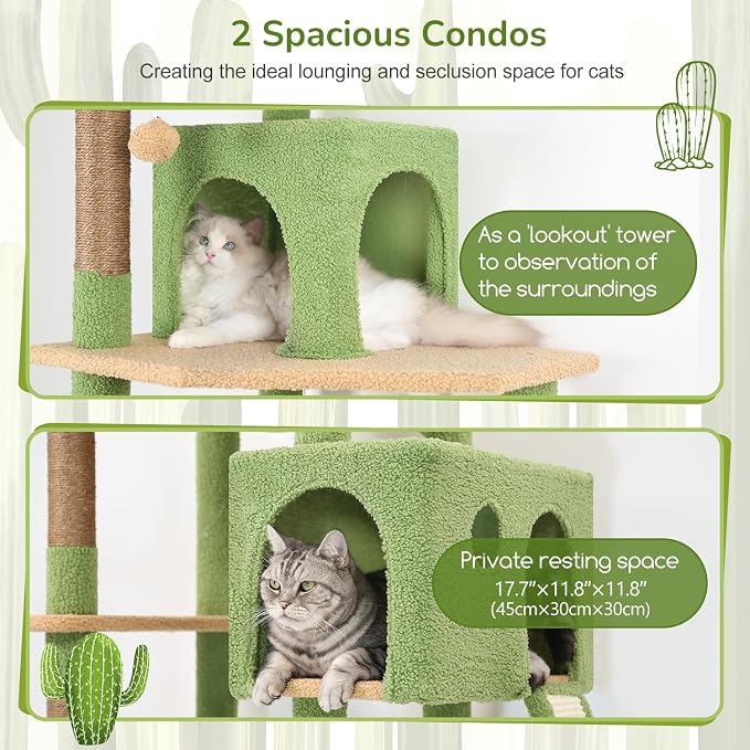 Globlazer Large Cactus Cat Tree Tower, 70in Tall Heavy Duty Green Cat Tree for Indoor Cats Sturdy Cat Tower with Scratching Post and Board, Hammock, Cat Condos for Adult Cats Kittens, F70 Pro, Green - Image 3