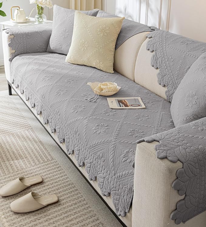 Cotton Quilted Dog Couch Cover for Sofa Farmhouse Rustic Embroidery Sectional Couch Cover Soft Anti-Slip Sofa Slipcover Furniture Protector for Kids, Pets (Grey,36"x63") - Image 5