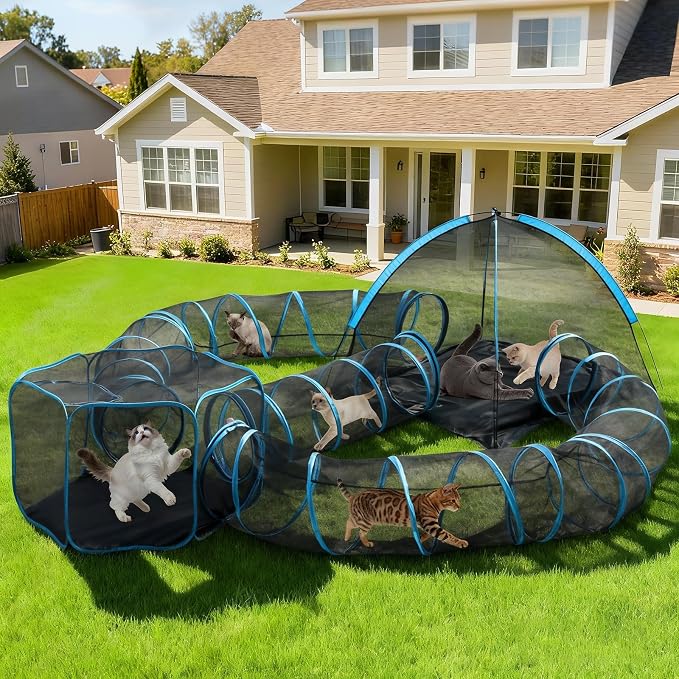 5-in-1 Outdoor Cat Enclosure, Portable Catio Tent with Tunnel | 2 Rooms & 3 Tunnels, Breathable Mesh, Carry Bag, Interactive Toys, Multi-Entry Doors, Indoor & Outdoor Use for Small pets by Tivray