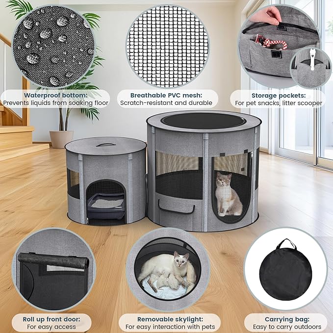 Portable Cat Playpen with Tunnel, 3 in 1 Foldable Puppy Play Pen, Waterproof Bottom, Enclosed 2-Room Separable Pet Tent for Indoor/Outdoor, Multi-Purpose Enclosure Crate Cage for Kitten Dog Rabbit - Image 2