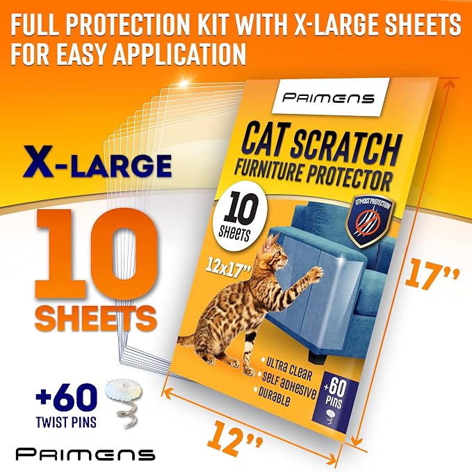 Heavy Duty Cat Scratch Deterrent Furniture Protectors for Sofa, Doors, Clear Couch Protectors from Cats Scratching, Anti Cat Scratch Tape Guards (Transparent, 10 Sheets 17x12) - Image 3