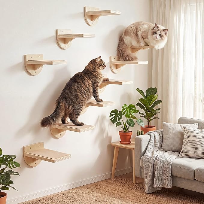 SiliFine Set of 9 Natural Wood Color Cat Wall Stairs, Climbing Steps, Cat Wall Shelves Perch with Fixtures and Felt 8.7"x4.7" Stairs Natural Birch Wooden | Floating Steps for Playing Climbing - Image 5