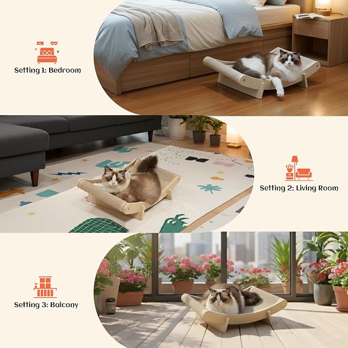PETKARAY Inclined Sisal Cat Scratcher Bed, Curved Wooden Cat Hammock Chair, Large Scratch Pad for Indoor Cats, Cozy Cat Furniture Lounge - Image 7