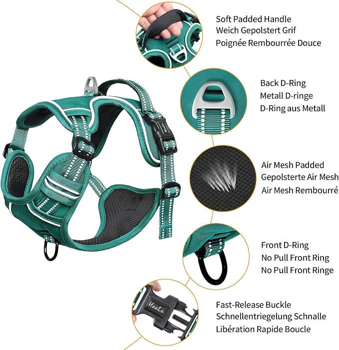 HEELE Dog Harness for Medium Dogs No Pull Dog Vest Harness with Soft Padded Handle Reflective for Outdoor Training, Grass Green, M | Front Clip for Medium Dog Harness, 2 Metal Rings with Handle, Adjustable, Soft Breathable Padded Pet Vest for Night Wal... - Image 2