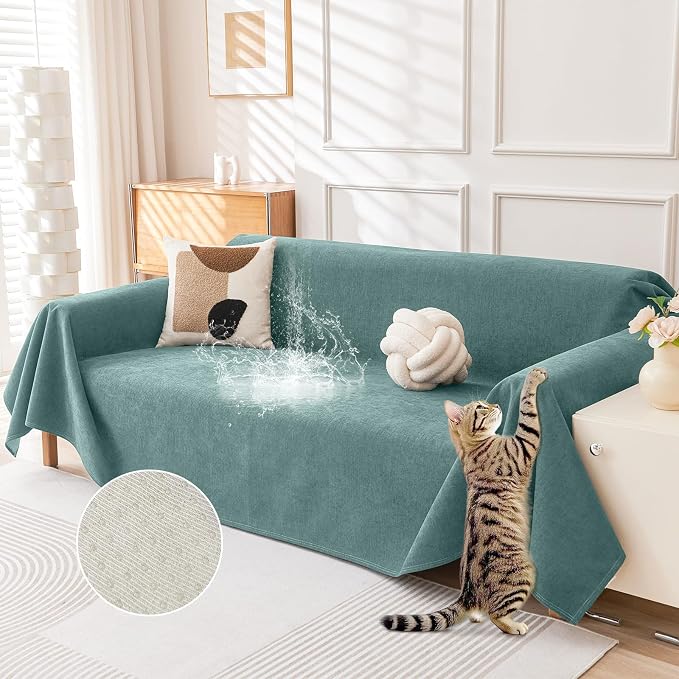 Deep Dream Cat-Scratch Resistant Couch Cover, Waterproof Sofa Cover for 3 Cushion Couch Washable, Pet Friendly Couch Protectors Anti Slip Thickened Love Seat Slipcovers for Dogs Pets,91" x 134",Green by DeepDream