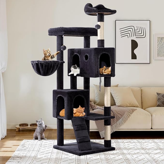 Allewie 64 Inches Multi-Level Cat Tree Tower for Indoor Cats, Dark Grey | Activity Center for Big Felines, 2 Plush Condos, 2 Perches, Cozy Basket, House, Sisal Scratching Posts, Hanging Cat Toys by Allewie