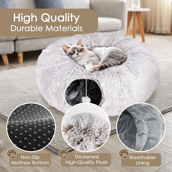 Peekaboo Cat Cave with Washable Mat, Collapsible Cat Play Tunnel for Kittens & Small Pets, Plush Cat Donut Bed Tunnel, Brown - Image 6
