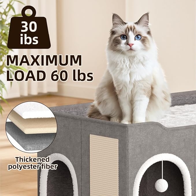 Top Bed Three Rooms Cat Condos,All-in-1 Extra-Wide Cat House for Indoor，Multi Cats Puppy Family, Large Cat Cave for Pet House with Fluffy Ball Hanging and Scratch Pad, Foldable Hideaway - Image 6