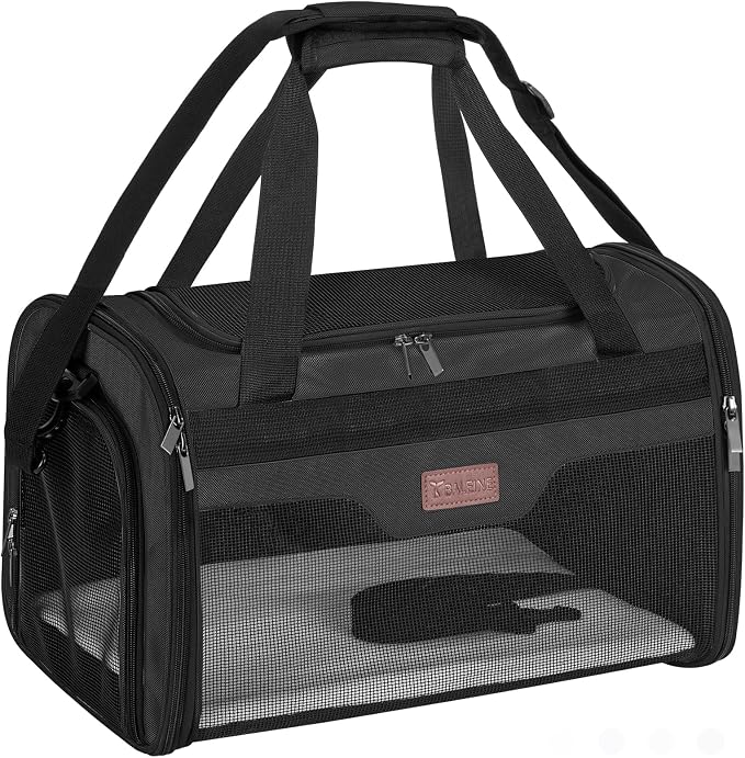 BALEINE Cat Carrier, Puppy Dog Carrier for Small Medium Pets Up to 15 Lbs, Soft-Sided Dog Travel Bag with Safety Zippers, Collapsible Pet Carrying Case (Black, L, 17"x11"x11") by BALEINE
