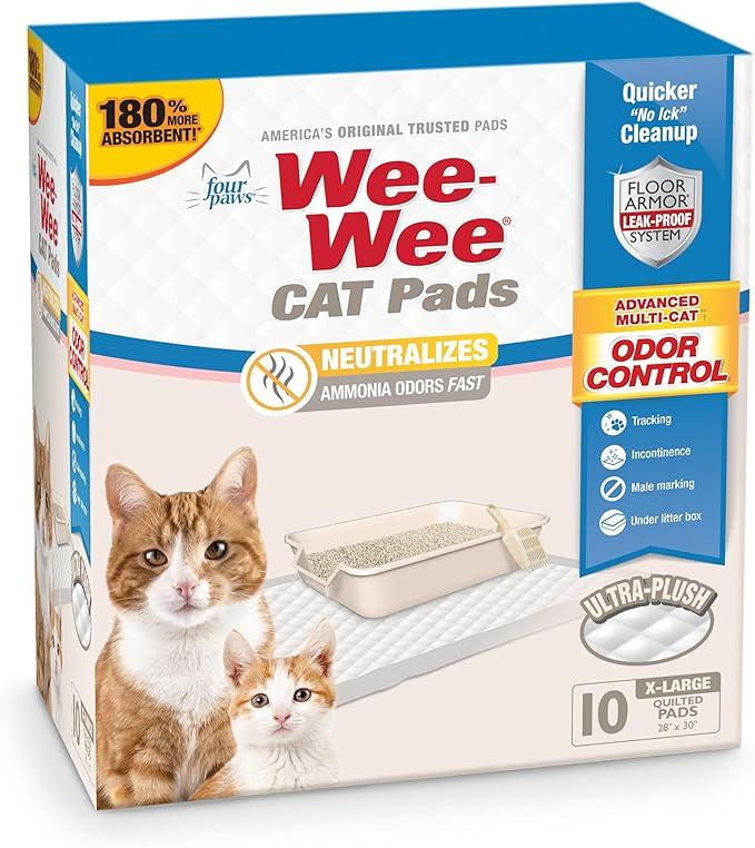 Four Paws Wee-Wee Cat Pads, Unscented, 10 Count | Disposable litter box mats, great for under litter boxes, advanced odor control, fast absorption, litter tracking, 28" x 30" by FourPaws
