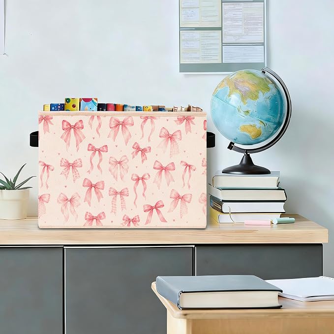 Pink Bow Storage Bin, Foldable Fabric Organizer | Soft pink bow storage bin for toys, books, clothes, blankets, nursery supplies, girls rooms, shelves, and closets. - Image 3