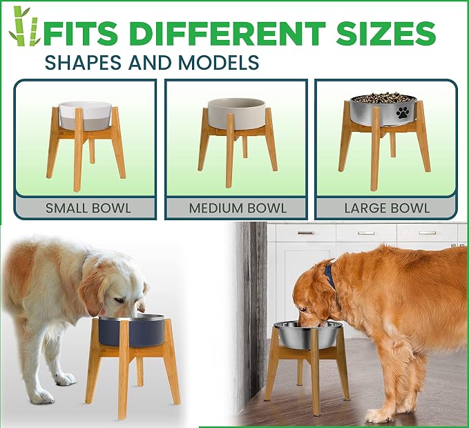 Dog Bowl Stand for Mid-Large Dogs | Adjustable, Bamboo, 12-inch High | Use to Elevate, Raise Pet Food Water and Slow Feeder Bowls, Expandable with Locking Option, Non-Slip Feet, Stand Only - Image 8