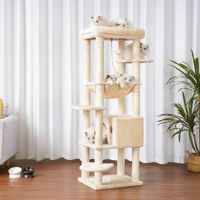 Heybly Cat Tree for Large Cats, 20lbs Heavy Duty, 60 inches HCT050M | Cat Tower for Indoor Cats with Big Padded Plush Perch, Multi-Level Furniture Condo with Cozy Basket, Beige - Image 8