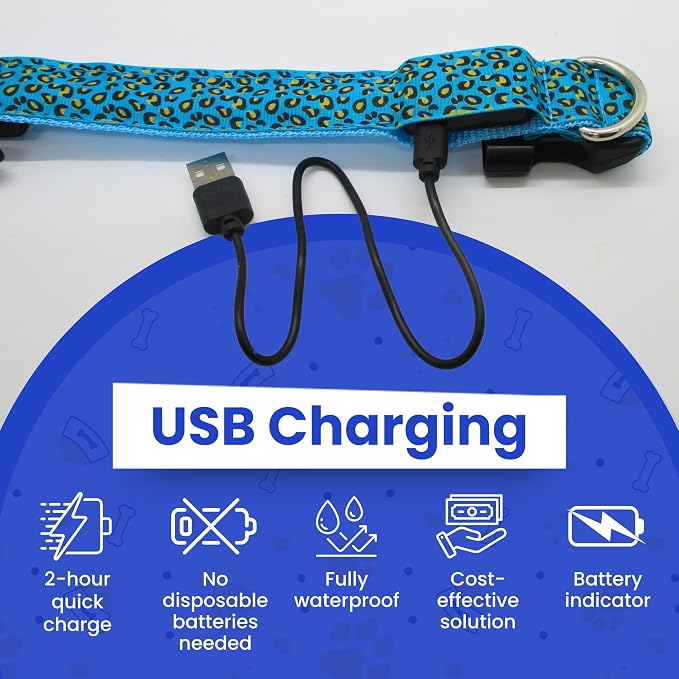 Leopard Dog Collar - Glow in the Dark USB Collar with Rechargeable Battery + Waterproof Design - Light Up Dog Collar - Blue (Medium Size) - Image 3