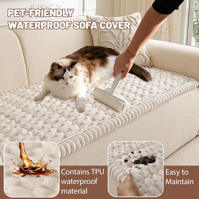 Couch Cover for Dogs Washable, Non Slip Soft Cozy Waterproof Beige | Pet Friendly, Fuzzy Durable Plush Thick Slipcovers for 3 Cushion Sofa Cover Protector Mat Bed Furniture Couches 27.6"x59.06" - Image 3