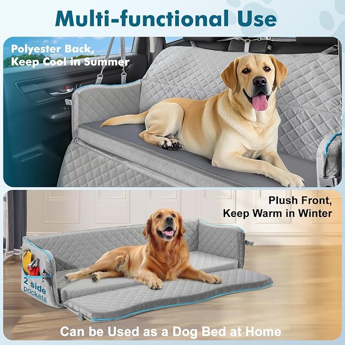 Large Dog Car Seat for Large Dogs Up to 120 lb, Thick Cushion, Grey | 3" High-Density Foam Dog Car Bed, 2-Sided Cool/Warm Cushion Cover , 2 Pockets, 3 Safety Belts, Detachable & Washable - Image 4