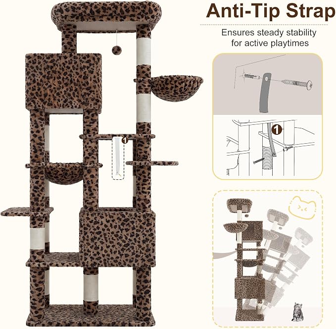 Heybly Cat Tree, 76-Inch Tall Heavy Duty Cat Tower for Big Cats HCT039BW | Multi-Level Large Cat Furniture with Extra Wide Baseboard, 2 Condos & 2 Hammocks, 10 Scratching Posts, Leopard Print - Image 6