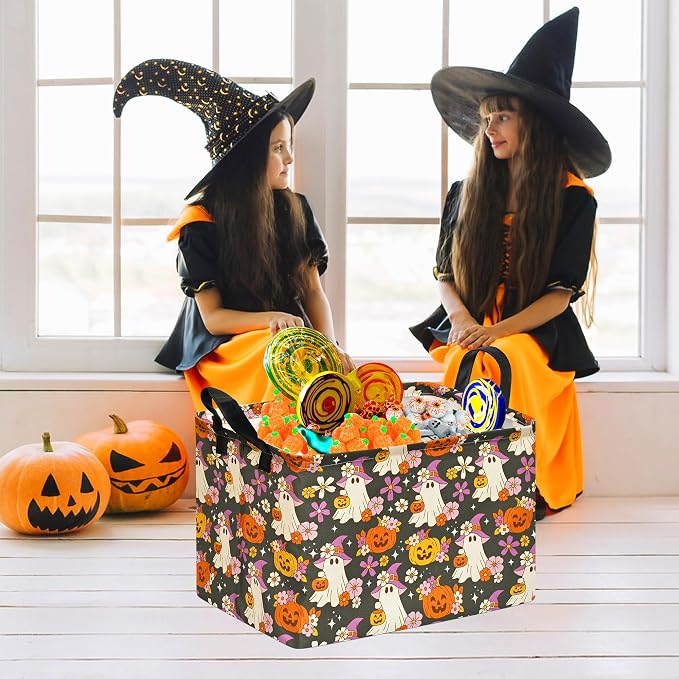 Halloween Pumpkin Ghost Storage Basket, Foldable Toy Organizer Bin | Halloween Pumpkin & Ghost Design with Cotton Linen Fabric, Waterproof Lining, Leather Handles and Foldable Storage Style - Image 6