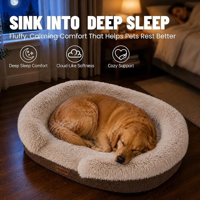 Miorun Fluffy Orthopedic Dog Beds Large Sized Dog, 36" Bolster Sofa Bed | Soft plush faux fur,lowered entry,washable cover,waterproof liner,claming dog couch for x-large dogs,supportive bolster - Image 6