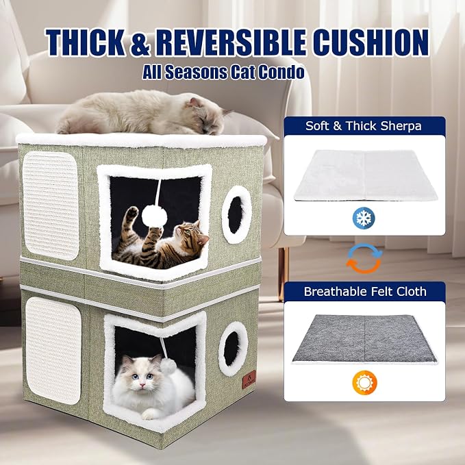 2-Story Cat House for Indoor Cats, Dual-Purpose Cave Bed with Scratch Pad and Fluffy Ball, Foldable Cat Hideaway, Cute Condo Furniture for Multi Small Pet Kitten, Green - Image 6