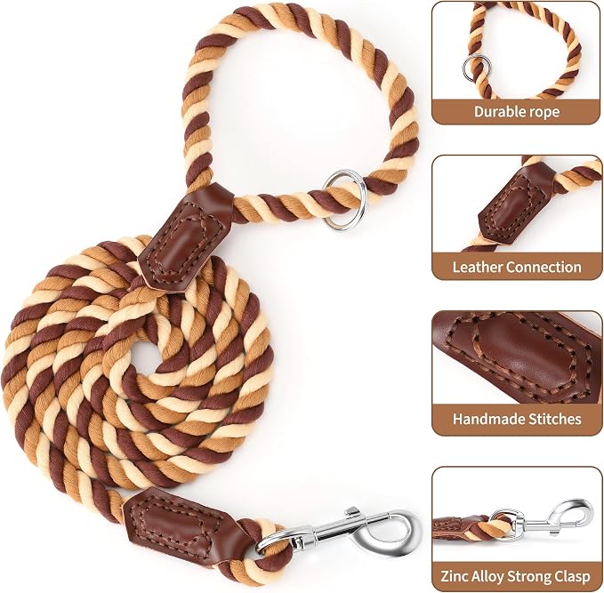 Mile High Life Rainbow Dog Leash Braided Cotton Rope w Leather-Wrapped Ends | Rust-proof 360° swivel clasp, Heavy-duty for medium/large breeds. Great for weddings, daily walks (5FT, 1/2", Brown Gradient) - Image 3