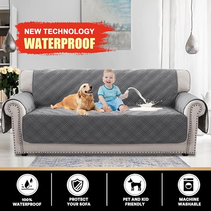PrinceDeco 100% Waterproof Couch Cover for 3 Cushion Couch Sofa Pet Friendly Non-Slip Couch Cover for Dogs Washable Water Resistant Furniture Protector with Elastic Straps(Sofa 68", Grey) - Image 2