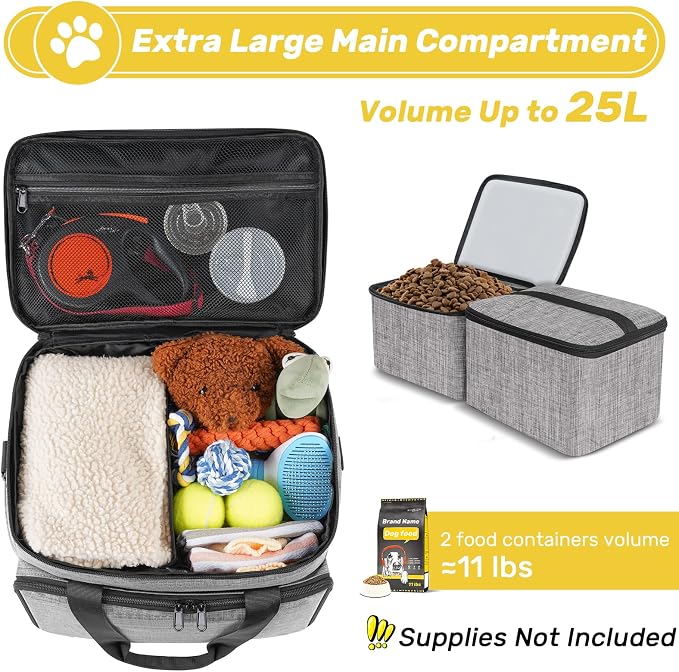 6 Set Dog Travel Bag, Large Pet Travel Kit for Supplies, Grey | Includes 2 Food Containers, 1 Pet Organizer for Dogs, 2 Collapsible Bowls, 1 Treat Pouch, Dog Weekend Overnight Bag Luggage - Image 2