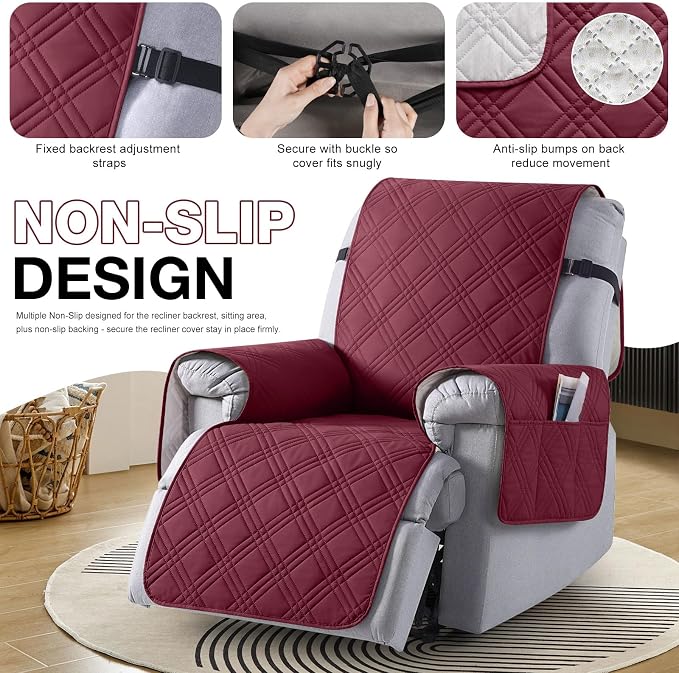 TAOCOCO 100% Waterproof Recliner Chair Cover, Non Slip Recliner Covers for Recliner Chair with Pocket, Washable Reclining Chair Cover Furniture Protector for Kids, Pets(23.6'', Wine) - Image 6