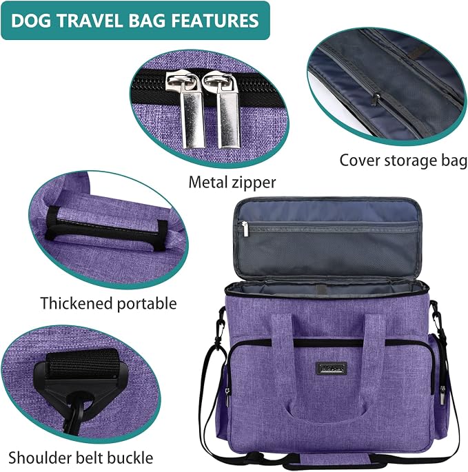 BAGLHER Dog Travel Bag, Airline Approved Pet Tote Organizer with Multi-Function Pockets, 2 X Food Storage Containers and 2 X Collapsible Bowls, Perfect Weekend Pet Travel Set for Dog, Cat Purple - Image 4