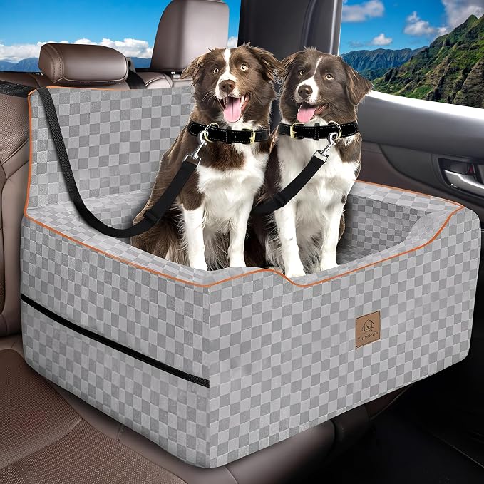 Large Dog Car Seat for Back Seat – Removable Dog Booster Seat & Washable Pet Car Seat for Medium & 2 Small Dogs up to 60lbs – Safety Straps & Storage Pocket – Travel & Home Use (Gray) by Unknown