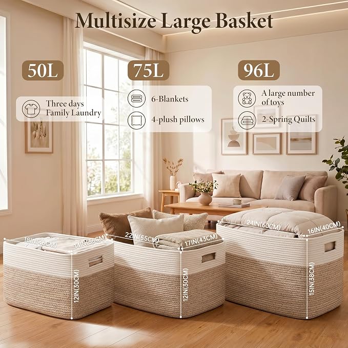 75L Large Cotton Rope Basket, Soft Toy Storage Bin for Nursery & Living Room, Decorative Blanket Basket for Bedroom, Baby-Safe Organizer for Pillows &Laundry, 22''×17''×12'', Brown and White - Image 2