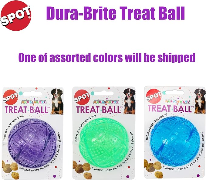 SPOT Dura-Brite Treat Ball - Treat Dispensing Dog Toy Made with Durable TPR Rubber, Interactive Slow Feeder Puzzle Ball, Prevents Boredom and Makes Mealtime Fun - 3in, Assorted Colors - Image 2