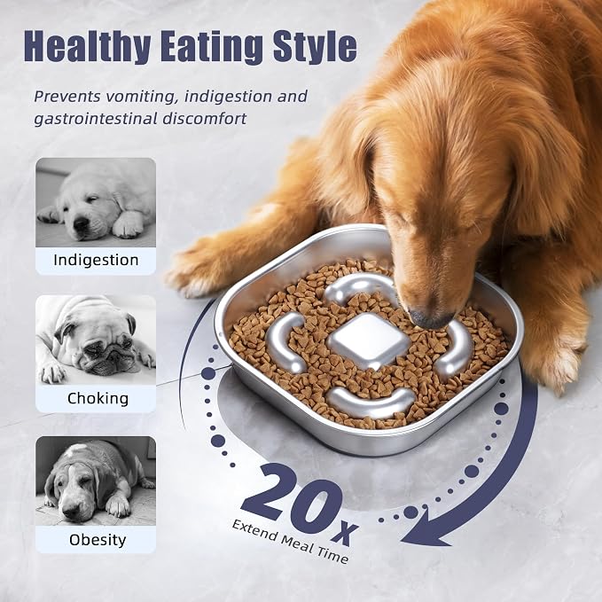 Nicelock Slow Feeder Dog Bowls 304 Stainless Steel 5 Cups, Large Capacity Dog Food Slow Feeding With Non-Slip Rubber Base, 2-in-1 Slow Feeder Metal Dog Bowl for All Breeds Size - Image 2