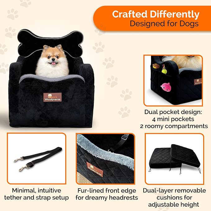 Yara’s Woofyverse Dog Car Booster Seat, Small & Medium Dogs, Midnight Ash | Fur-Lined Headrest, Adjustable Cushions, 6-Pocket Storage, Machine-Washable Cover, Portable Pet Car Seat Front/Back Travel - Image 3