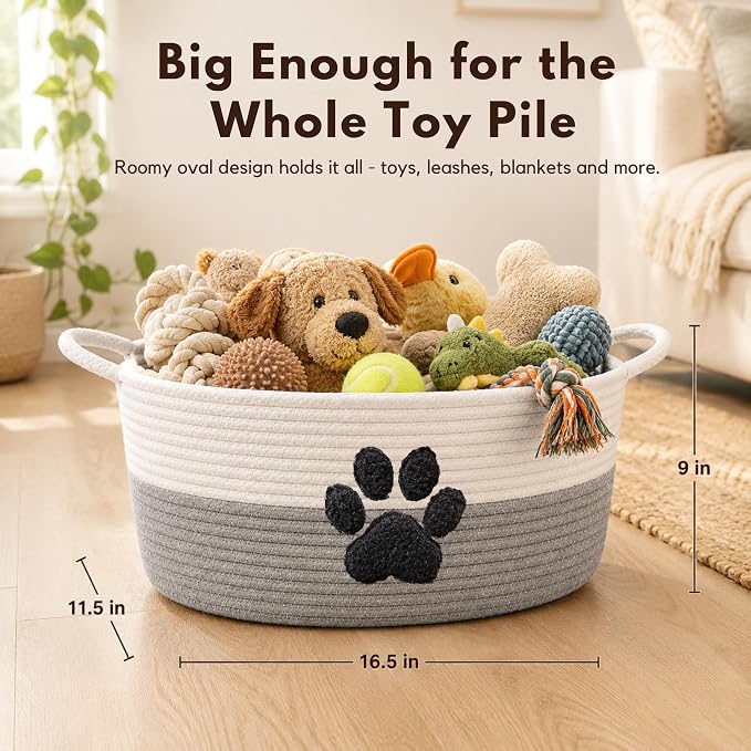 Dog Toy Basket with Handles, Grey Cotton Rope Storage Bin Organizer | Neutral grey dog toy organizer that blends any decor. Holds toys, blankets & leashes. Spot wash, collapsible rope bin. - Image 3