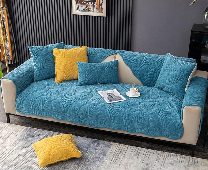 Couch Covers Plush Quilted Sofa Covers for Sectional Sofa Washable | Palm Leaves Couch Cover Chenille Non Slip Sofa Covers Soft Sofa Slipcover Furniture Protector for Pets Kids Children Dogs Cat - Image 4
