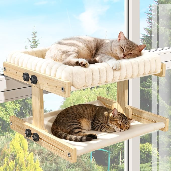 XiaZ Cat Perch for Window Cats Hammock Indoor Bed for Window Adjustable Wooden Frame Bird Watching Sunbathing Space-Saving Double Layer 18 * 16 * 10inch (Small Breeds Recommended) - Image 2
