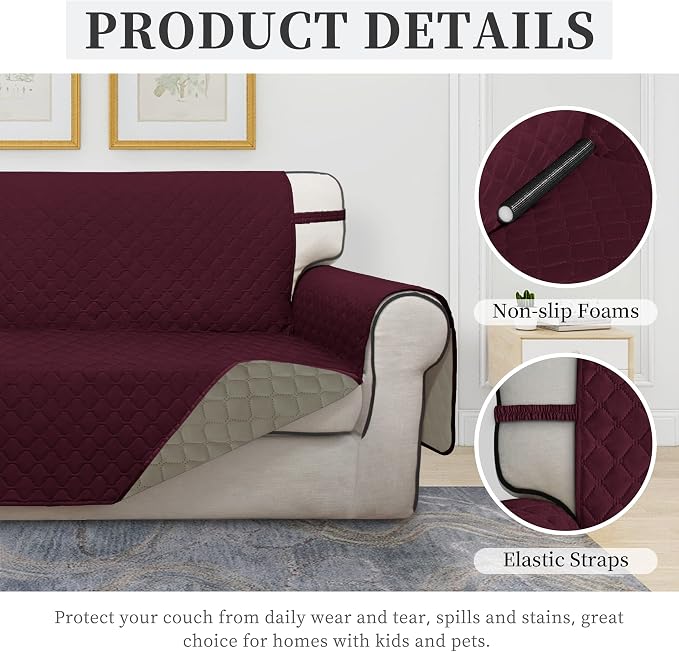 ISSUNTEX Double Protection 100% Waterproof Loveseat Sofa Covers for Living Room, Couch Covers for 2 Cushion Couch Sofa, Reversible Furniture Protector Sofa Cover for Dogs (Loveseat, Wine/Beige) - Image 5