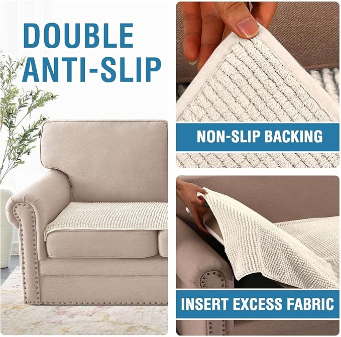H.VERSAILTEX Plush Chenille Couch Cover for 3 Cushion Couch Anti Slip Washable Sofa Slipcovers Soft and Durable Furniture Protector for Dogs Cats Kids (27.5" x 82", Ivory) - Image 5