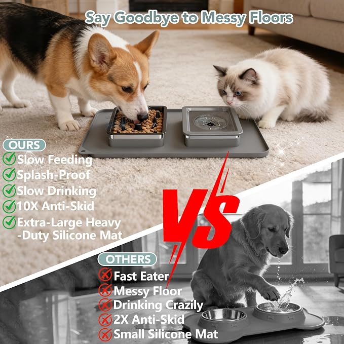 Dog Bowl Set, No Spill Dog Water and Food Bowl with Slow Feeder | Large Capacity 304 Stainless Steel Bowls, 3-In-1 Set, Slow Drinking, Anti-Slip Mat, Easy to Clean, Home/Travel, 6-7 Cups - Image 5