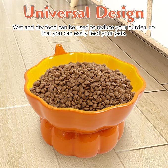 Hamiledyi Ceramic Raised Cat Bowl Tilted 15° Elevated Cat Bowl for Food or Water Anti Vomiting and Whisker Fatigue Cute Pumpkin Shaped Pet Feeder Bowl for Indoor Cats Kitten and Dogs (Orange Pumpkin) - Image 7