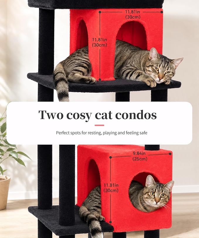 Gothic Cat Tree, 68 Inches Heavy Duty Cat Tower for Indoor Cat | Cat Tower with 2 Condos, Sisal Scratching Posts, Plush Platform & Hammock, Extra Stable Big Cat Furniture, Black Red - Image 4
