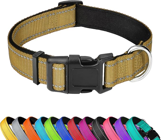 Reflective Dog Collar, Adjustable Soft Neoprene Padded,Khaki,XS | Breathable Nylon for Puppy Dogs Cats,Tear-Resistant Webbing,Chafe‑Free on Walks and Hikes,Metal D-Ring,Night Safety by PWOD