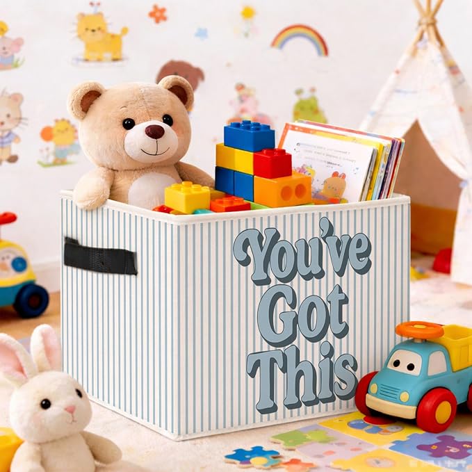 You’ve Got This Storage Bin, Blue White Stripe Fabric Basket | Motivational foldable fabric organizer for nursery, bedroom, classroom, toys, books, and clothes - Image 2
