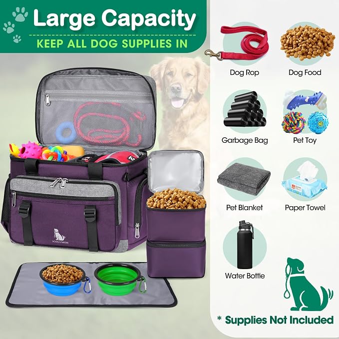 IGOLUMON Dog Travel Bag Large Waterproof Pet Travel Bags Set for Supplies | Weekend Travel Kit Tote Organizer Multi-Pocket Food Travel Bag with 2 Extra Large Food Containers, 2 Dog Bowls, 1 Feeding Mat - Image 4