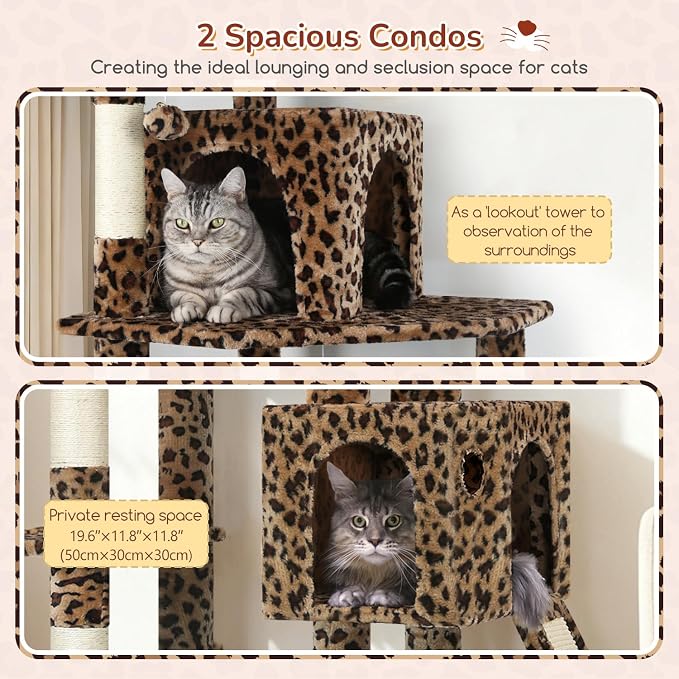 Globlazer Heavy Duty Leopard Cat Tree, 70in Sturdy Cat Tree for Indoor Cats Sturdy Large Cat Tower with Scratching Post & Board, Hammock, 2 Cat Condo for Adult Cats Kittens, F70 Pro, Leopard Print - Image 3